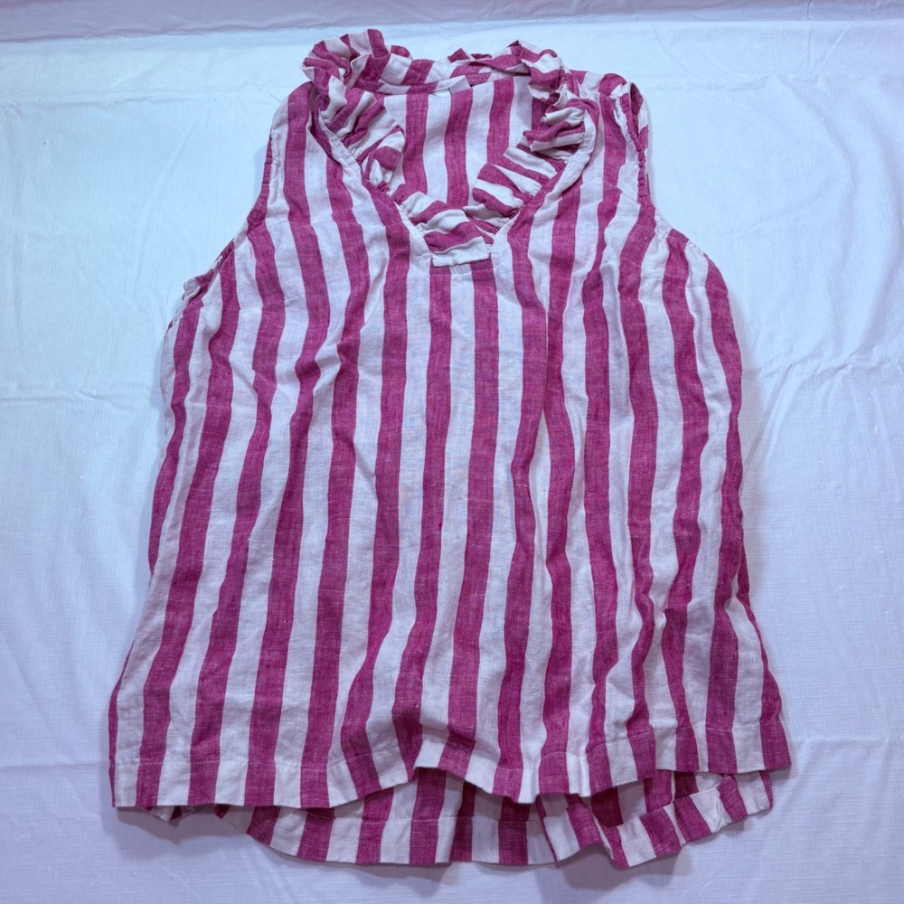 Crown & Ivy Pink White Striped Sleeveless Ruffleβ V-Neck Top Small